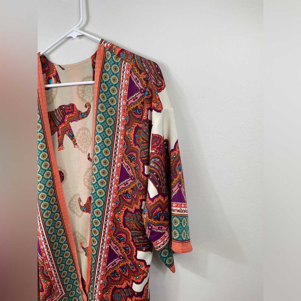 Chico’s Reversible Jacket Open-Front Medallion Elephant Print Kimono Size S/M? - Picture 12 of 16